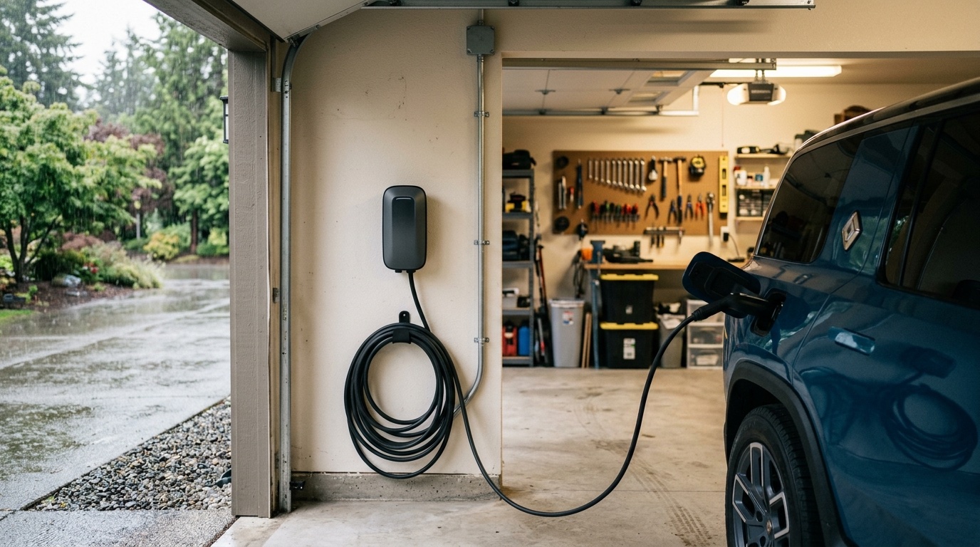 Wall-mounted Level 2 EV charger with coiled cable charging an electric SUV in a residential garage