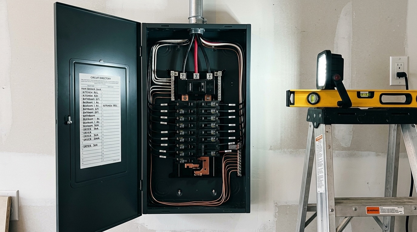 New 200-amp residential electrical panel with the door open showing tidy breakers and a circuit directory