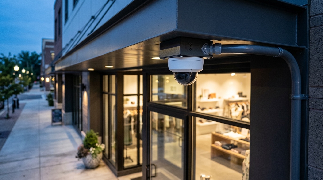 Dome security camera mounted at a retail storefront corner with weatherproof conduit at dusk