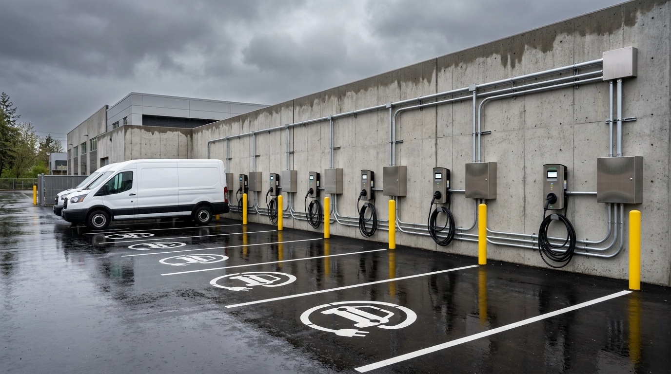 Row of wall-mounted Level 2 fleet chargers with conduit and bollards beside work vans