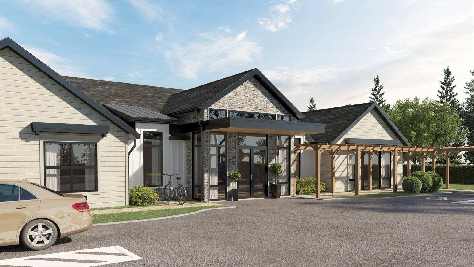 Rendering of the Linden Care Home entrance with covered pergola walkway