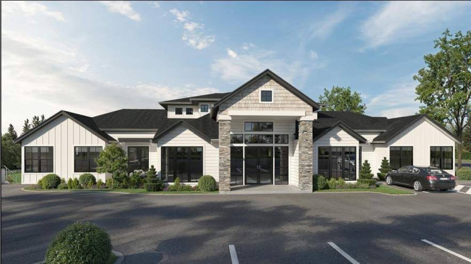 Rendering of Mapleview Manor's stone-columned entry elevation