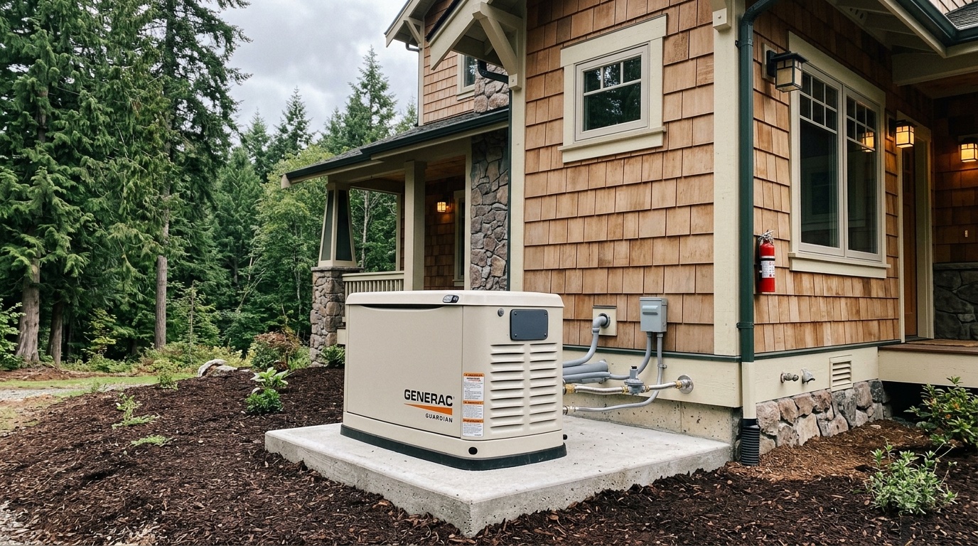 Generac Guardian standby generator on a concrete pad beside a West Linn craftsman home