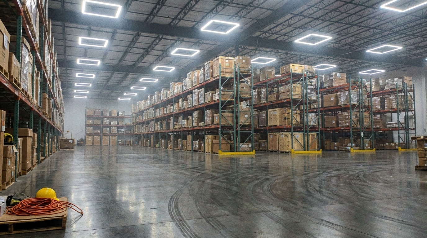 Distribution warehouse racking aisles lit by new LED high-bay fixtures